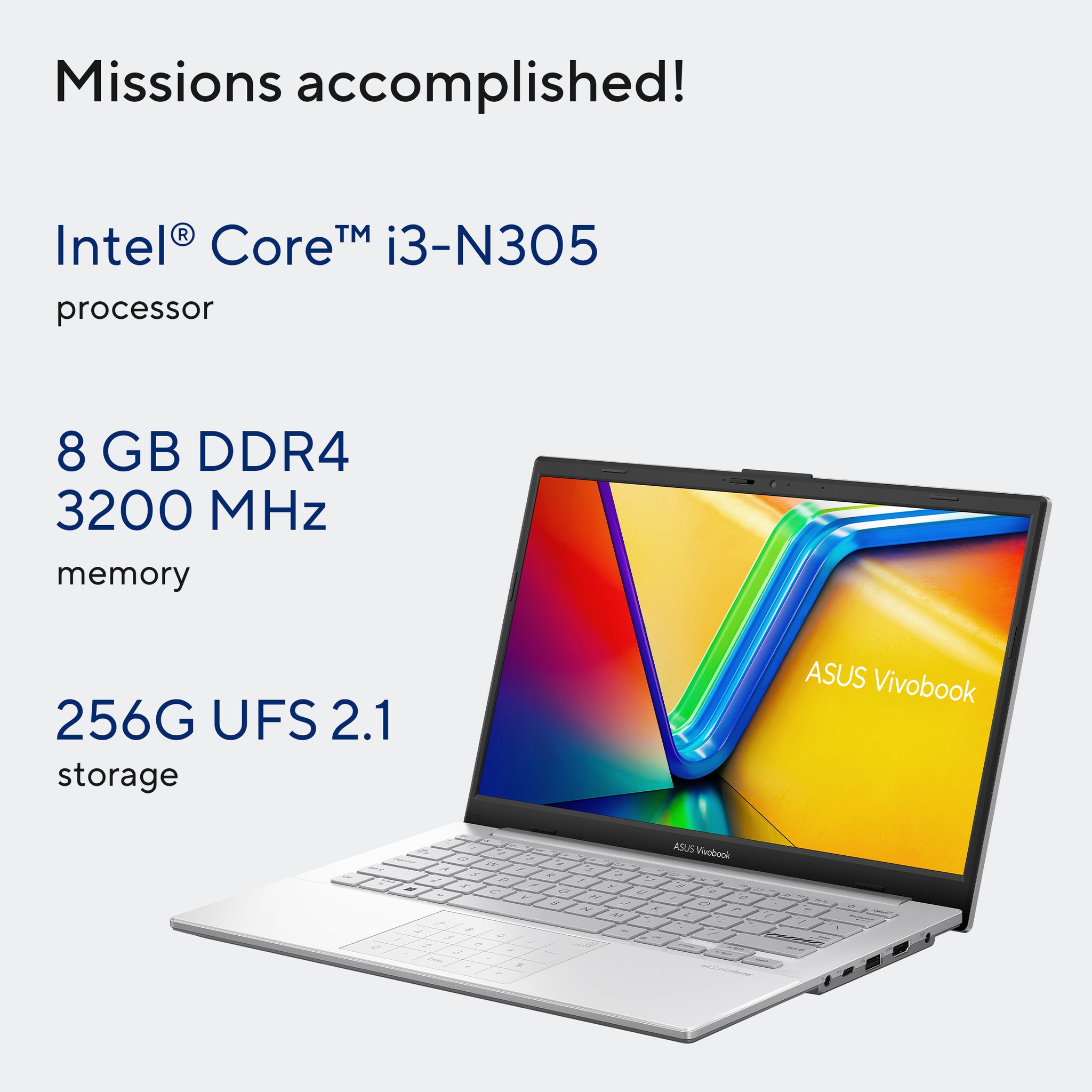 ASUS VIVOBOOK GO 15 E1504GA-NJ084W | Intel Core i3 N305, 8GB RAM, 256GB SSD, 15.6" FHD, Intel IRIS Graphics, Win 11 Home, Eng-Arab Keyboard, Silver