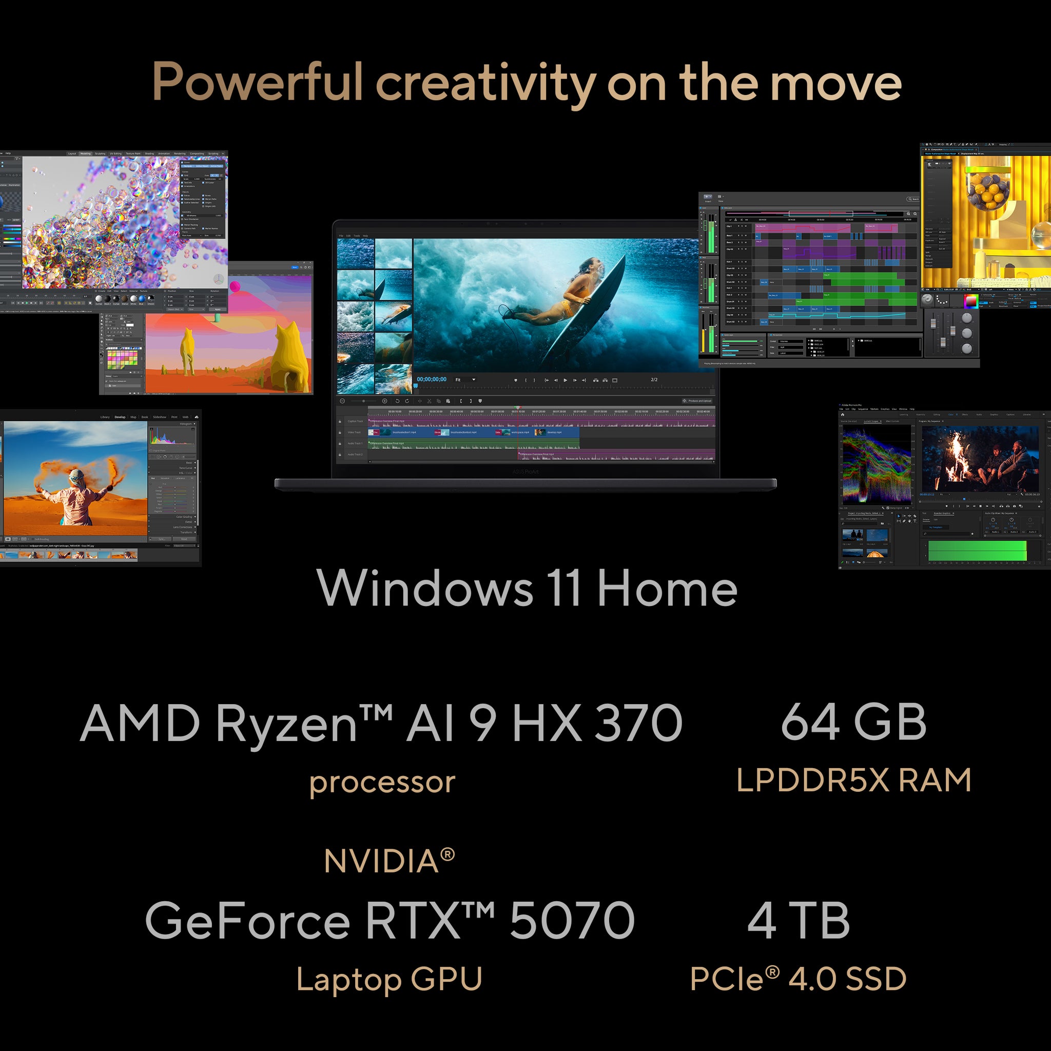 ASUS PROART P16 OLED H7606WP-ME025W | AMD Ryzen AI 9 HX370, 64GB RAM, 4TB SSD, 16.0" 4K ( 3840x2400 ) OLED 60Hz Touch Screen, 8GB NVIDIA RTX 5070, Win 11 Home, Eng-Arab Keyboard, Black