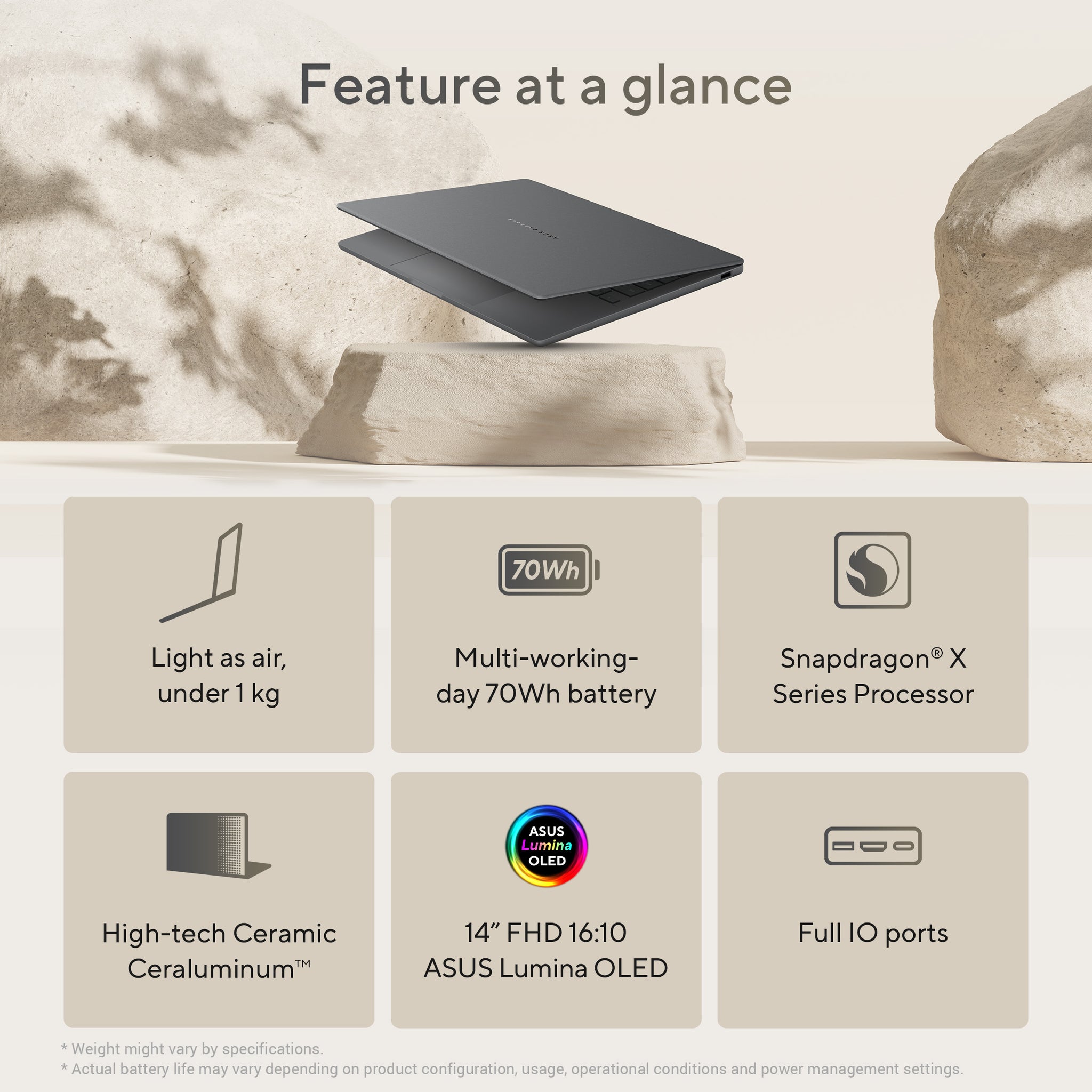 ASUS ZENBOOK A14 UX3407QA-QD180W | Snapdragon X X1 26 100, 16GB RAM, 1TB SSD, 14.0" WUXGA OLED Screen, Qualcomm u GPU, Win 11 Home ( ARM), Eng-Arab Keyboard, Zabriskie Beige