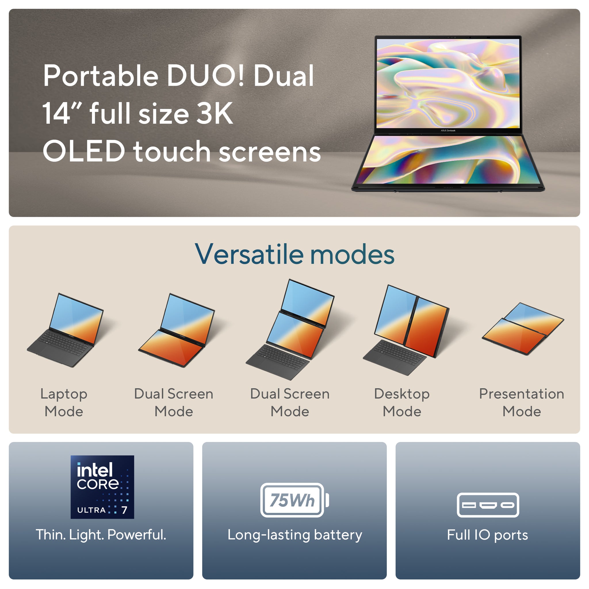 ASUS ZENBOOK DUO UX8406CA-PZ005W | Intel Core Ultra 9 285H 2.9GHz, 32GB RAM, 2TB SSD, 14.0" 3K OLED Touch Screen, Intel Arc Graphics, Win11 Home, Eng-Arab Keyboard, Grey + Sleeve, Stylus