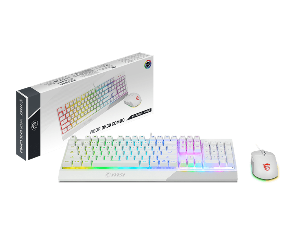 MSI VIGOR GK30 COMBO WHITE | Mechanical-like plunger switches for a crisp typing experience, 5-level DPI sensor matches with 5 different colors