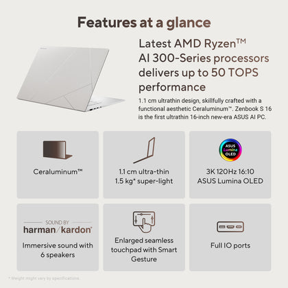 ASUS ZENBOOK S 16 OLED UM5606WA-RK233W | AMD Ryzen AI 9 HX370, 32GB RAM, 2TB SSD, 16.0