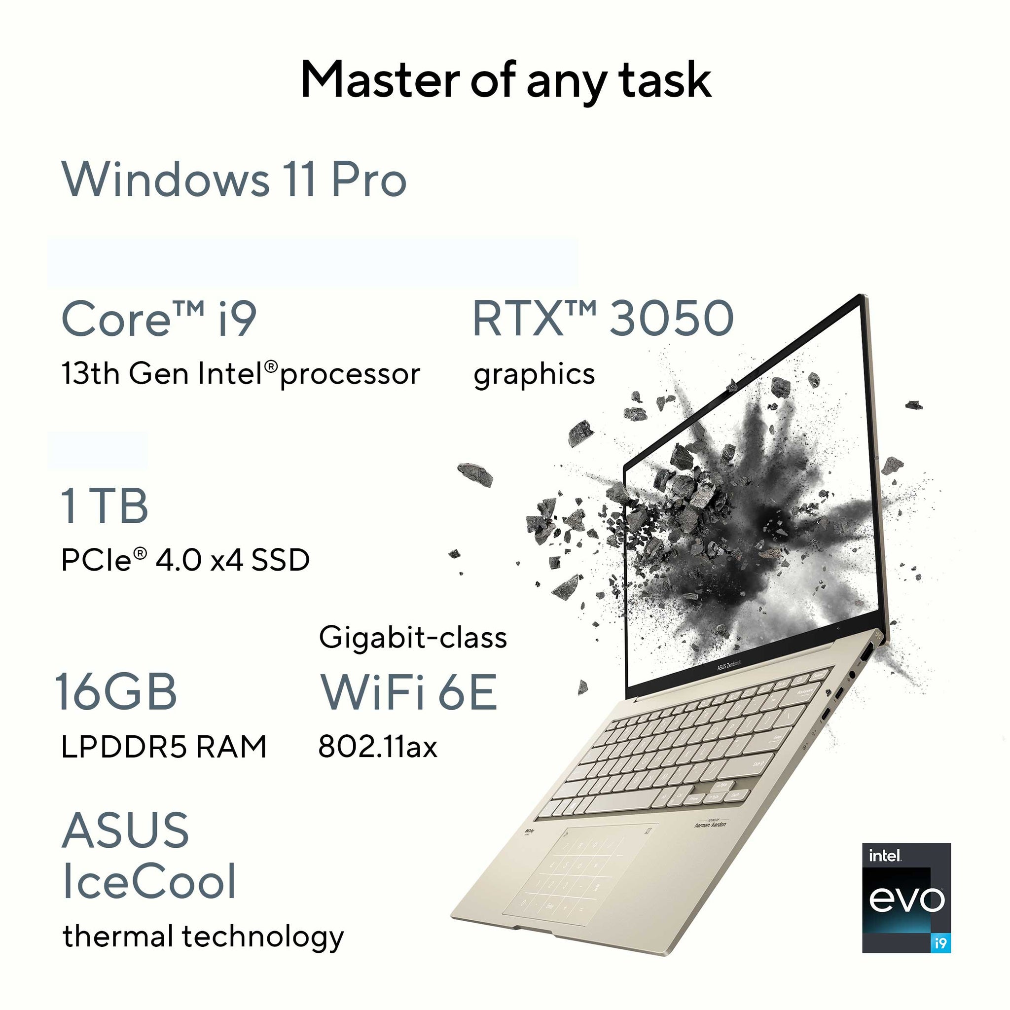 ASUS ZENBOOK 14 UX3404VC-OLEDI9SG | Intel i9 13900H, 16GB RAM, 1TB SSD, 14.5"OLED 2.8K (2880x1800), 4GB NVIDIA RTX3050, Win11 Home, Eng-Arabic K/B, Sandstone Beige