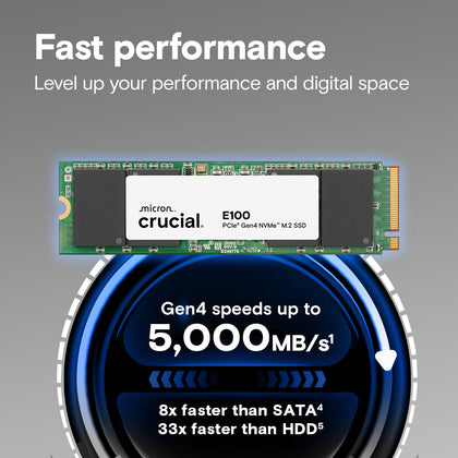 CRUCIAL E100 1TB PCIe Gen4 NVMe 2280 M.2 SSD - Speeds 5000MB/s Read, 4500MB/s Write  - CT1000E100SSD8